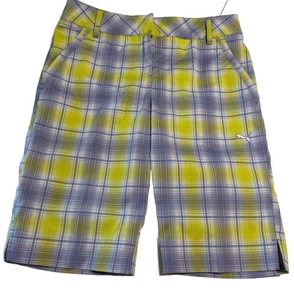 Puma DryCell Purple Yellow Plaid Active Stretch Golf Shorts Womens sz 2 X 11”L